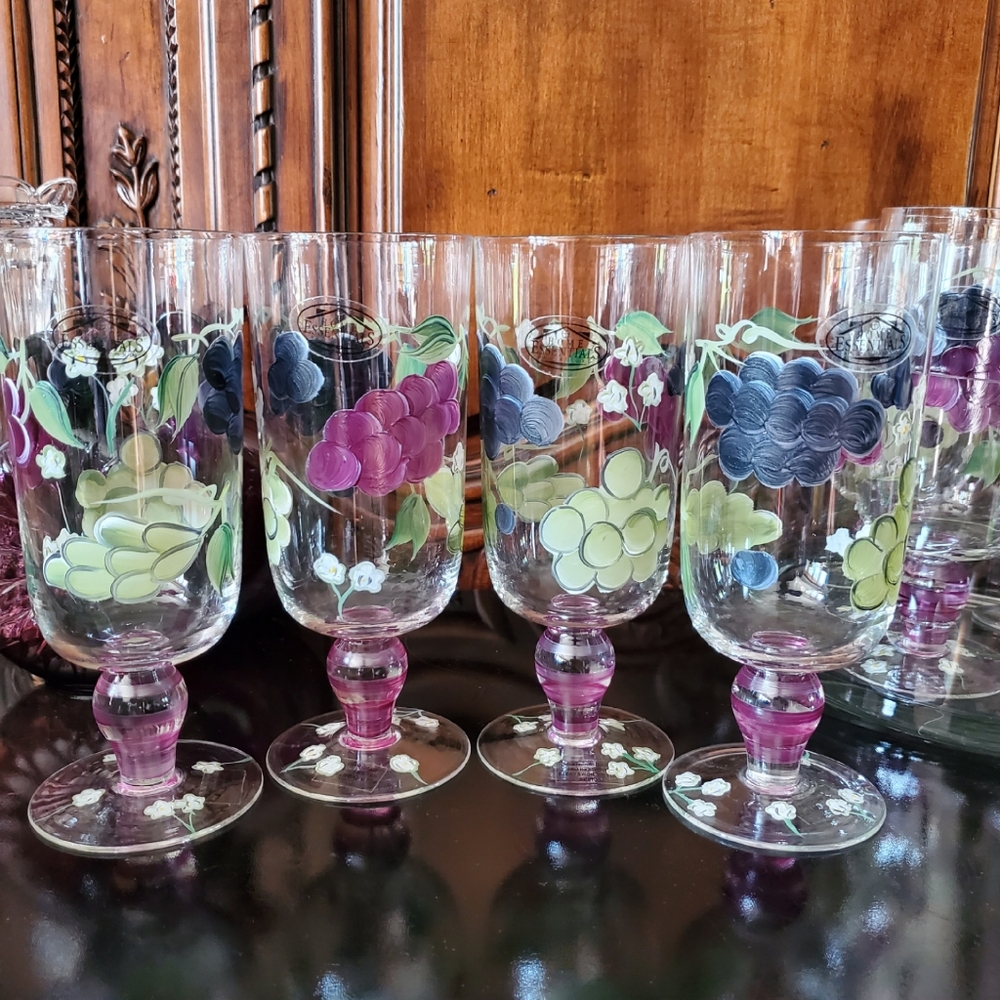 (4) Vintage Handpainted Glass Home Essentials 18oz Purple Blue Grapes 🍇 Green